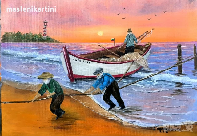 море, лодка и рибари маслена картина 