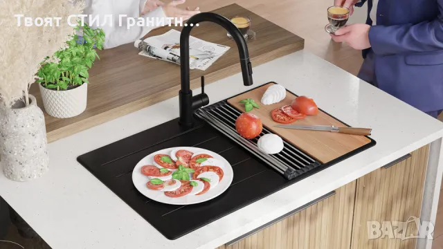 Черна кухненска мивка от гранит Копенхаген 780х500 Top 50, снимка 5 - Мивки - 47903837