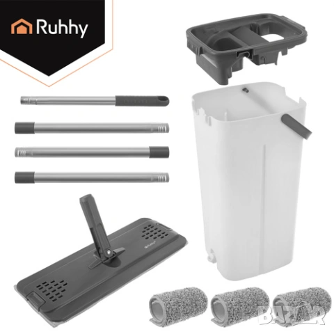 Плосък моп с кофа за отцеждане / Микрофибърен моп за под + 3 подложки, снимка 4 - Други стоки за дома - 53503174