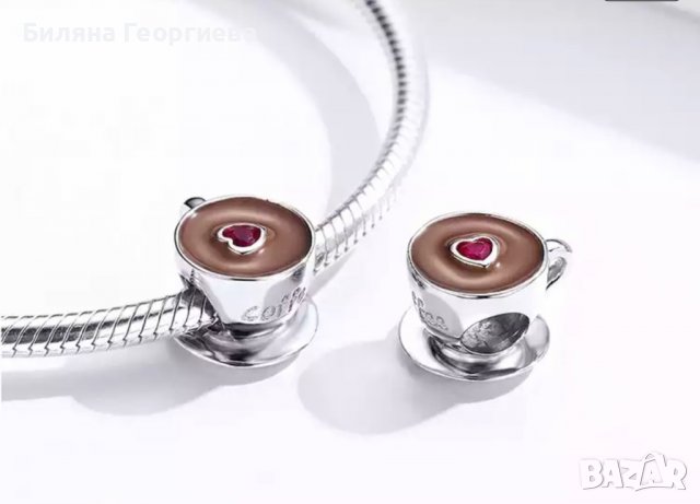 Сребърен талисман за гривна Пандора Кафе Модел 046, снимка 5 - Гривни - 36887405