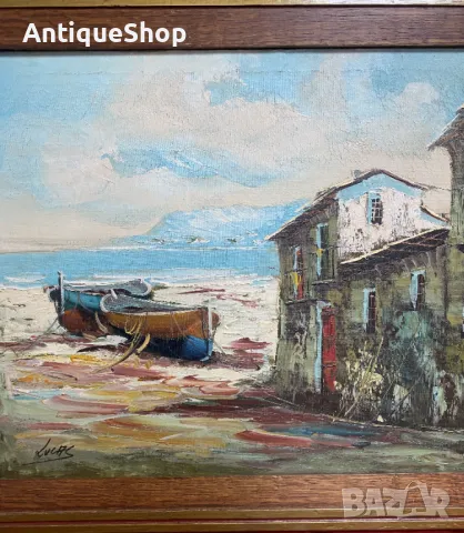 Картина, масло, платно, рибарска, лодка, Lucas, оригинал, пейзаж, подписана, снимка 2 - Картини - 50418004