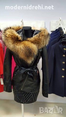Дамско луксозно палто кожа и лисица черно, снимка 1 - Якета - 27482453