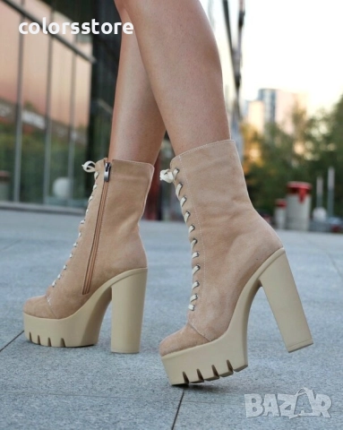 Боти на ток - бежов велур - BT16, снимка 2 - Дамски боти - 41658440