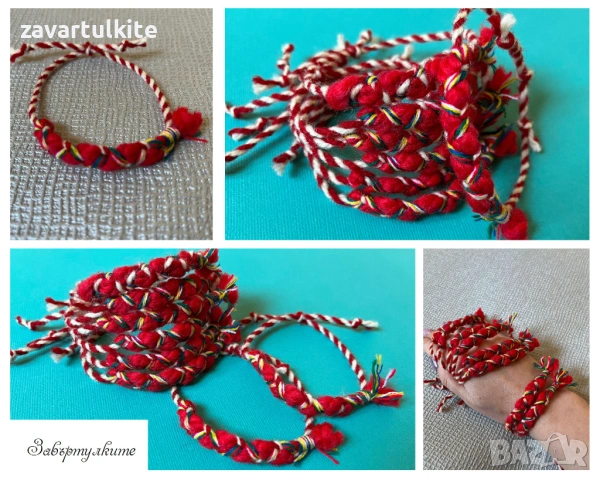 Арт мартеници със сивкава или червена прежда и шарени вълнени конци, снимка 2 - Български сувенири - 53253638