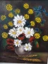 70х60см/голяма стара картина масло върху платно/натюрморт ваза с цветя/маргаритки/дървена рамка, снимка 2