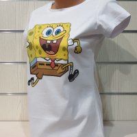 Нова дамска бяла тениска с дигитален печат Спондж боб, SpongeBob, снимка 8 - Тениски - 35577712