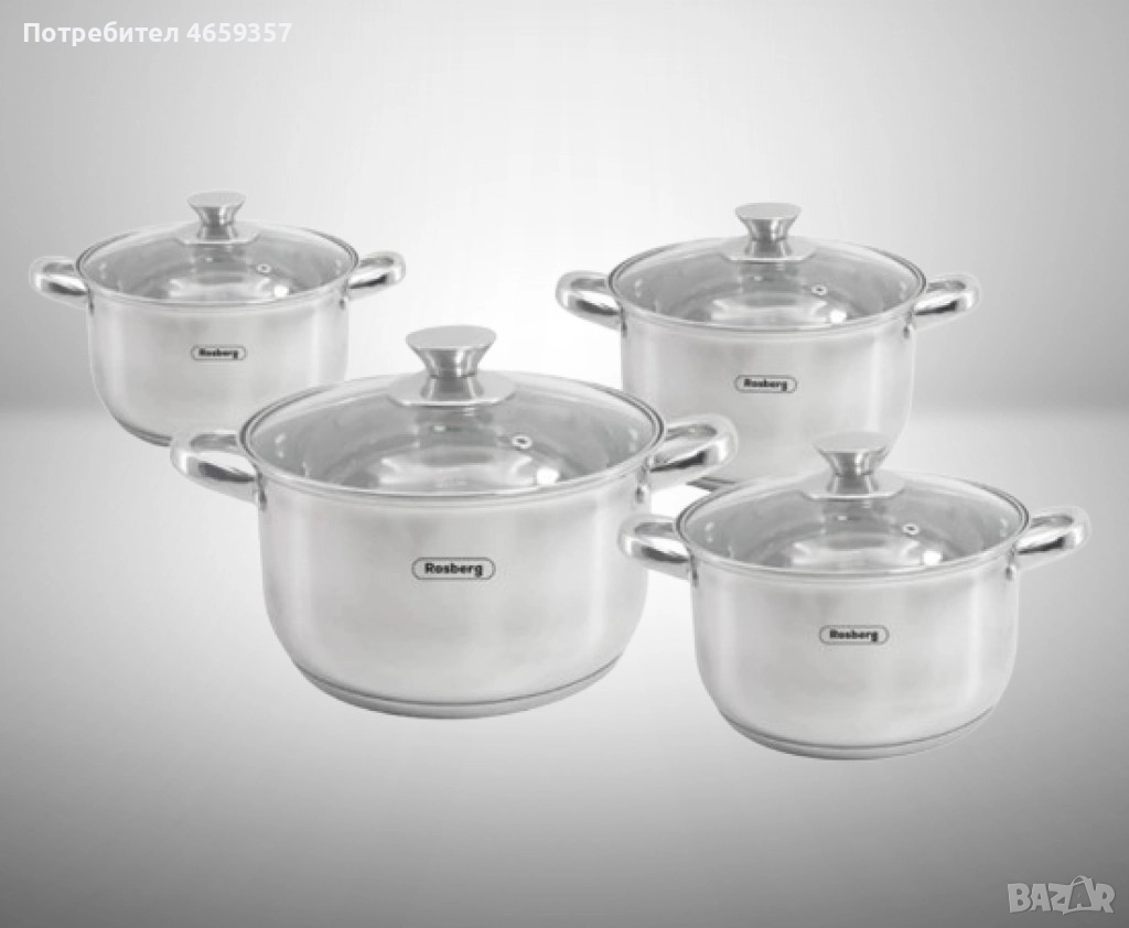 Комплект тенджери Rosberg 16/18/20/24см. - 1.8/2.5/3.4/5.8л., Неръжд. стомана, снимка 1