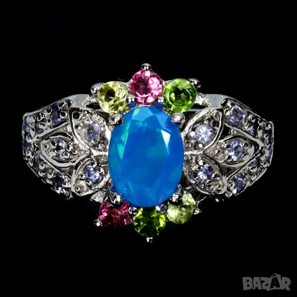 925 сребърен пръстен със син натурален опал и танзанит, подходящ за подарък, снимка 1