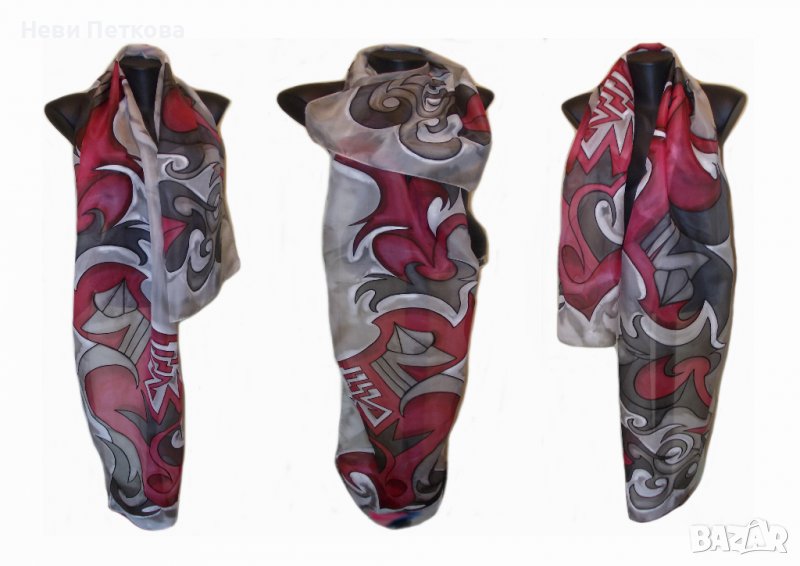 Рисуван копринен шал АБСТРАКТНО В БОРДО, снимка 1