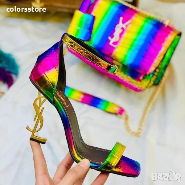 Сандали на ток - шарена кожа със златист ток - S-Y, снимка 1