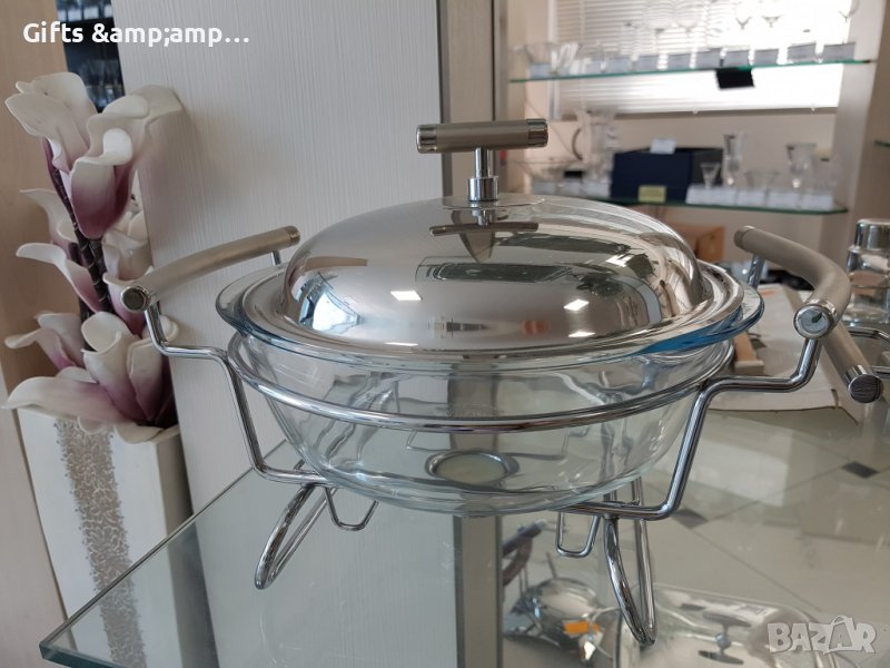 Съд за топло сервиране - от огнеупорно стъкло - 2 л, с кръгла форма, с 1 бр свещ, снимка 1