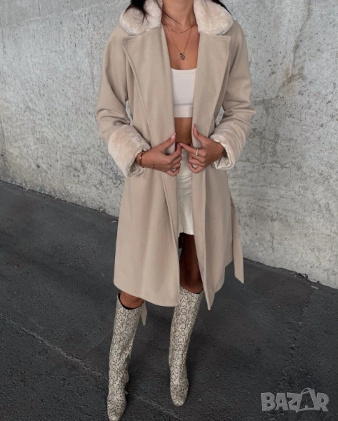 Зимно палто с колан и пух по ръкавите и яката , снимка 1