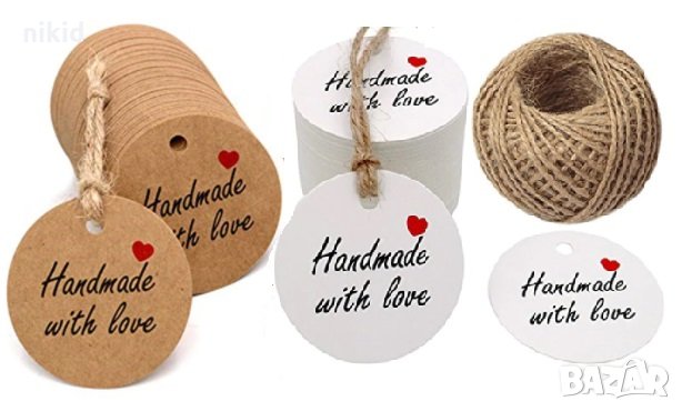 50 бр кръгли Handmade with love❤ Тагове табелки етикети картонени за подаръци ръчна изработка украса, снимка 1
