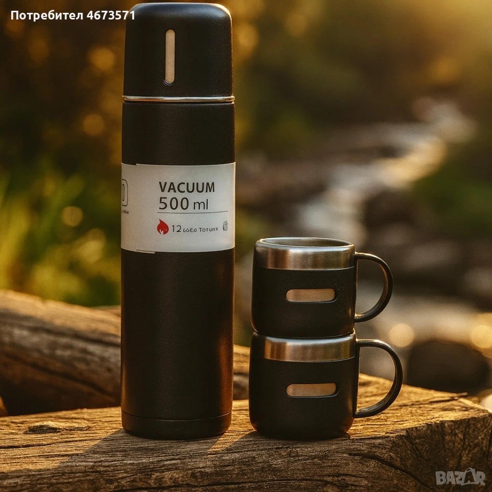 Подаръчен комплект термос с 3 чаши, зелен, розов, сив, снимка 1