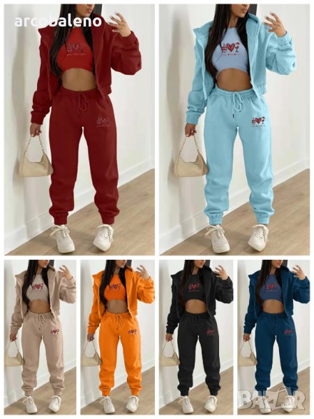 Дамски ежедневен комплект с качулка и щампа от три части, 10цвята , снимка 1