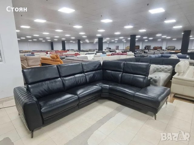 Черен кожен ъглов диван с електрически релаксиращ механизъм, снимка 2 - Дивани и мека мебел - 39963873
