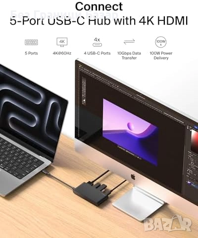 Нов USB-C адаптер Belkin с HDMI 4K 60Hz бърз трансфер 10Gbps 100W Хъб, снимка 2 - Друга електроника - 52013222