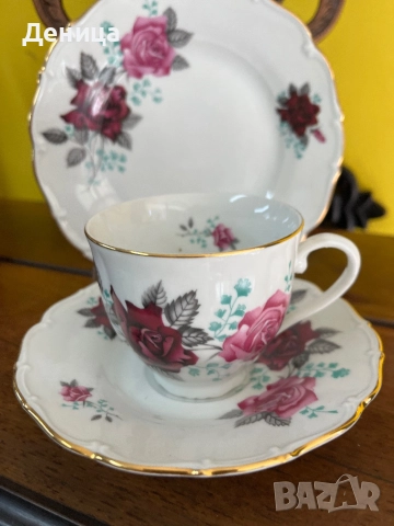 Haas & Czkek  Троен сет с нежен златен кант и релеф Винена и розова роза с ментови листенца , снимка 2 - Чаши - 51800629