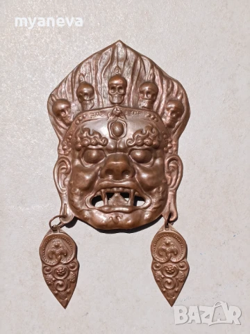 Медна ритуална маска , амулет от азиатска култура,божество , защитен дух от Непал. , снимка 4 - Пана - 51096595