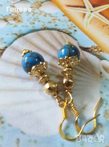 Уникални обеци с редкият камък син Азурит и орнаменти цвят злато, снимка 2 - Обеци - 40714402