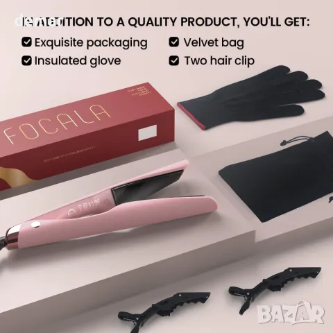 Преса за коса и маша FOCALA 2 в 1, уникален извит дизайн, 2,5 см, розова, снимка 7 - Преси за коса - 47522226