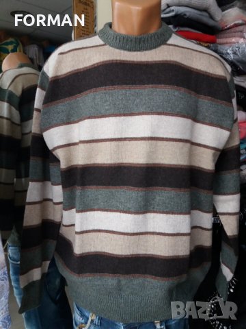 Мъжки зимен пуловер в кафяво-зелени райета, снимка 1