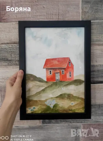 Нова картина с рамка ръчно рисувана акварел червена планинска къща, снимка 2 - Картини - 50139536
