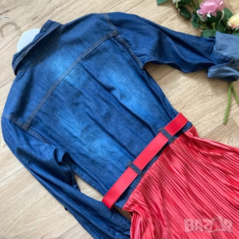 Разпродажба спешно! Нова дълга рокля дънкова + солей плисе с колан към нея , снимка 2 - Рокли - 52840892