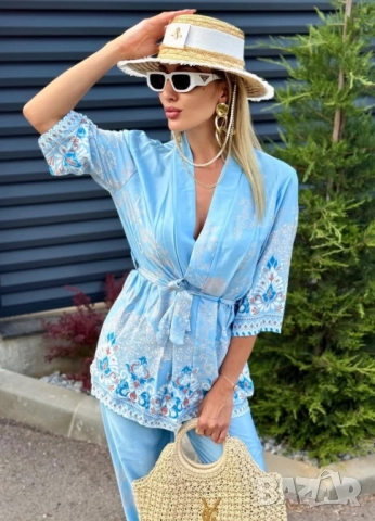 ⚜️Луксозен сатениран сет от риза , тип кимоно и панталон , снимка 4 - Комплекти - 51926434