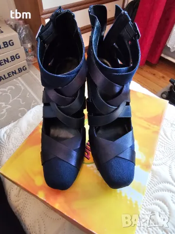 Промо - 25лв! Обувки на висок ток, стил балерина, еко велур и сатен, син цвят