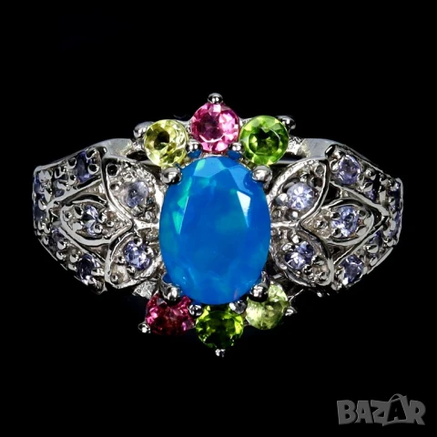 925 сребърен пръстен със син натурален опал и танзанит, подходящ за подарък, снимка 1