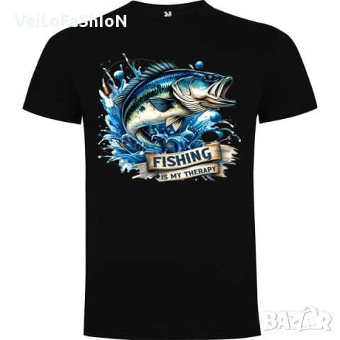 Нова мъжка тениска FISHING is my THERAPY в бял или черен цвят , снимка 2 - Тениски - 45418754
