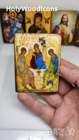 Икона Света Троица – Андрей Рубльов, дървена православна икона 8x6см., снимка 3 - Икони - 52867251