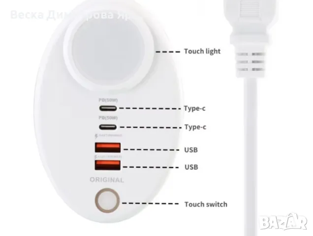 Мултипортово компактно бързо зарядно устройство с 2 A порта и 2 C порта и LED светлина, снимка 3 - Друга електроника - 48213508