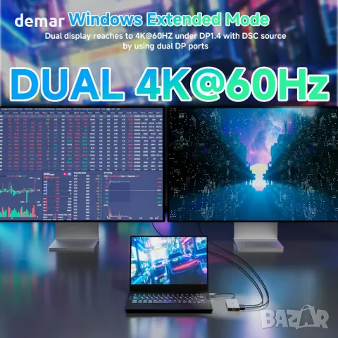 Докинг станция за лаптоп, WAVLINK Displayport докинг станция с двоен DP, HDMI, 100W PD IN, 10Gbps, снимка 4 - Кабели и адаптери - 49889860