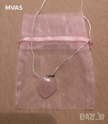 Колие Сърце розов кварц и посребрена верижка с торбичка и кутийка Подарък за жена за 8 март, снимка 7 - Подаръци за жени - 43078728