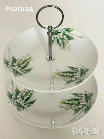 Двуетажна порцеланова поставка с декор момини сълзи, снимка 4 - Прибори за хранене, готвене и сервиране - 53018608