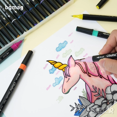 ✎Ohuhu Metallic Marker Pens маркери с два писеца тип четка и тънък писец, 24 металикови цвята, снимка 3 - Ученически пособия, канцеларски материали - 52183635