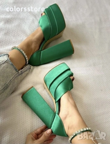 Сандали на ток - зелен сатен - VS2