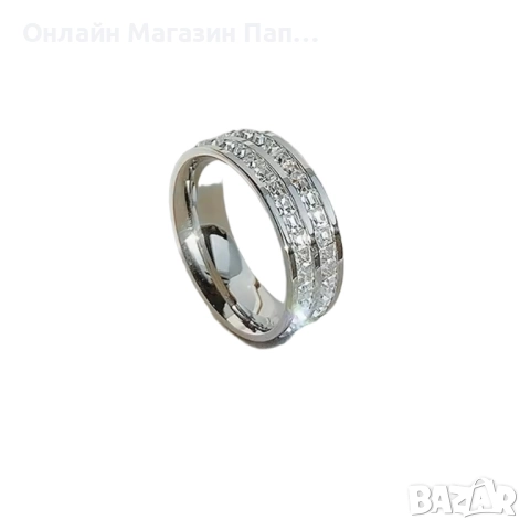 Луксозен двуредов пръстен халка от неръждаема стомана с циркони – 8мм, снимка 4 - Пръстени - 52303187