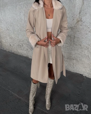 Зимно палто с колан и пух по ръкавите и яката 