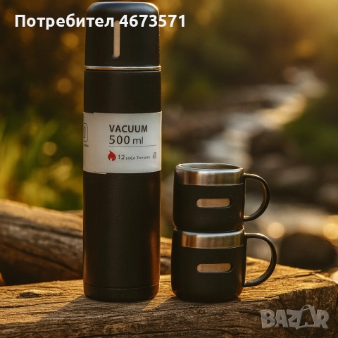 Подаръчен комплект термос с 3 чаши, зелен, розов, сив