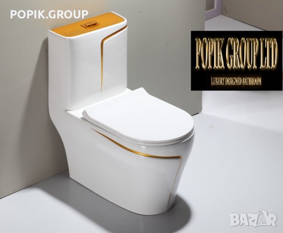 Луксозен Дизайнерски моноблок,Тоалетна чиния с златна линия, снимка 5 - Други - 28245853
