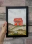 Нова картина с рамка ръчно рисувана акварел червена планинска къща, снимка 2