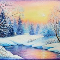 Снежен пейзаж със залез | Арт картина за стена, снимка 1 - Картини - 43585317
