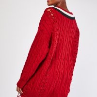 НАМАЛЕНИЕ НАЛИЧЕН Червен дълъг пуловер с връзки универсален размер от Англия, снимка 3 - Блузи с дълъг ръкав и пуловери - 26727458