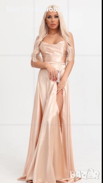 Нова дълга официална парти коктейлна екрю бежова рокля сатен сатенена дизайнер Дидо Георгиев , снимка 1
