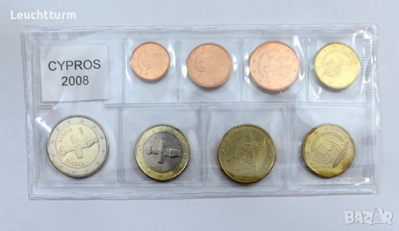 Пълен сет евромонети Кипър 2008 г. от 1 цент до 2 евро, снимка 1