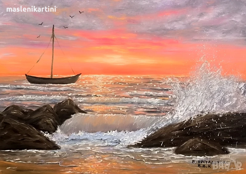 Морски залез и лодка маслена картина , снимка 1