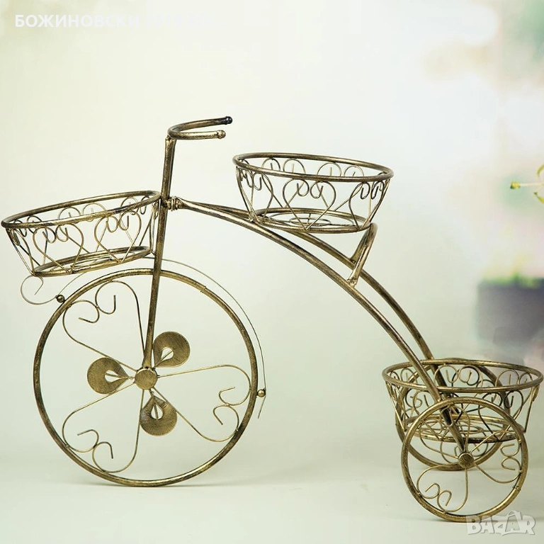 Поставка за 3 саксии - Колело, метална в златно, снимка 1